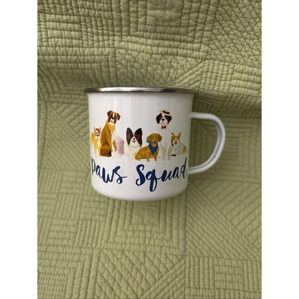 Molly & Rex Paws Squad Dog Mug Enamel Style White Metal Rim Cute Dogs Coffee Cup